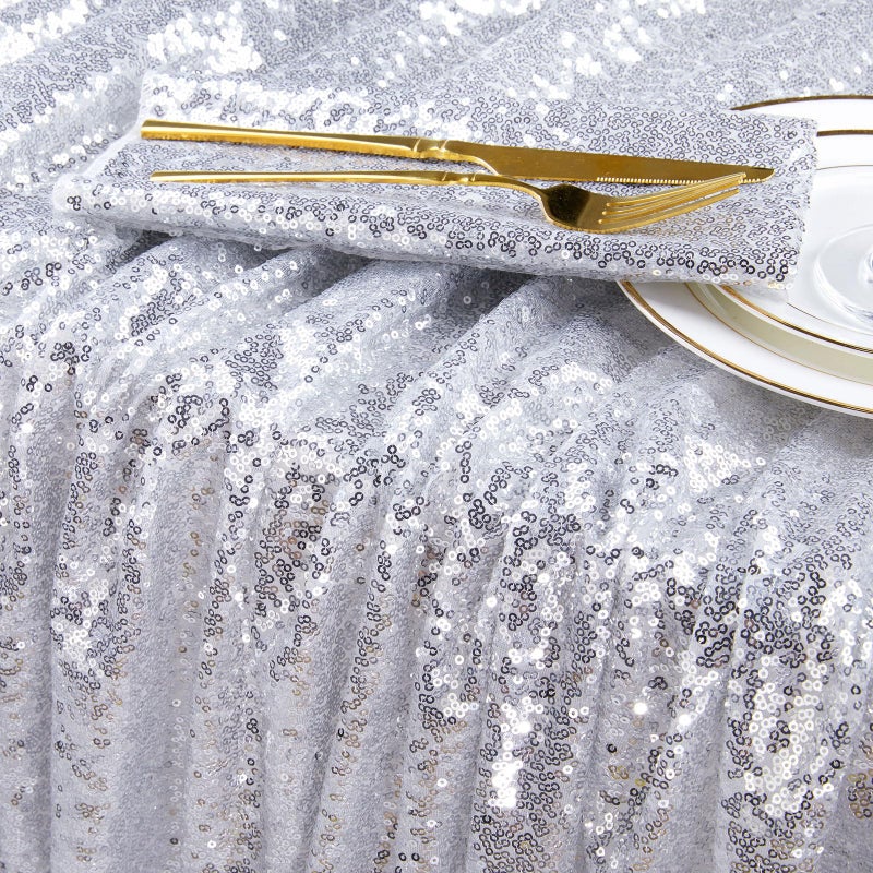 QueenDream Tablecloth 90x156 Rectangle Sequin Tablecloth Silver Wedding Table Linens Glitter Birthday Bridal Party Indoor Outdoor Decorations - Image 3